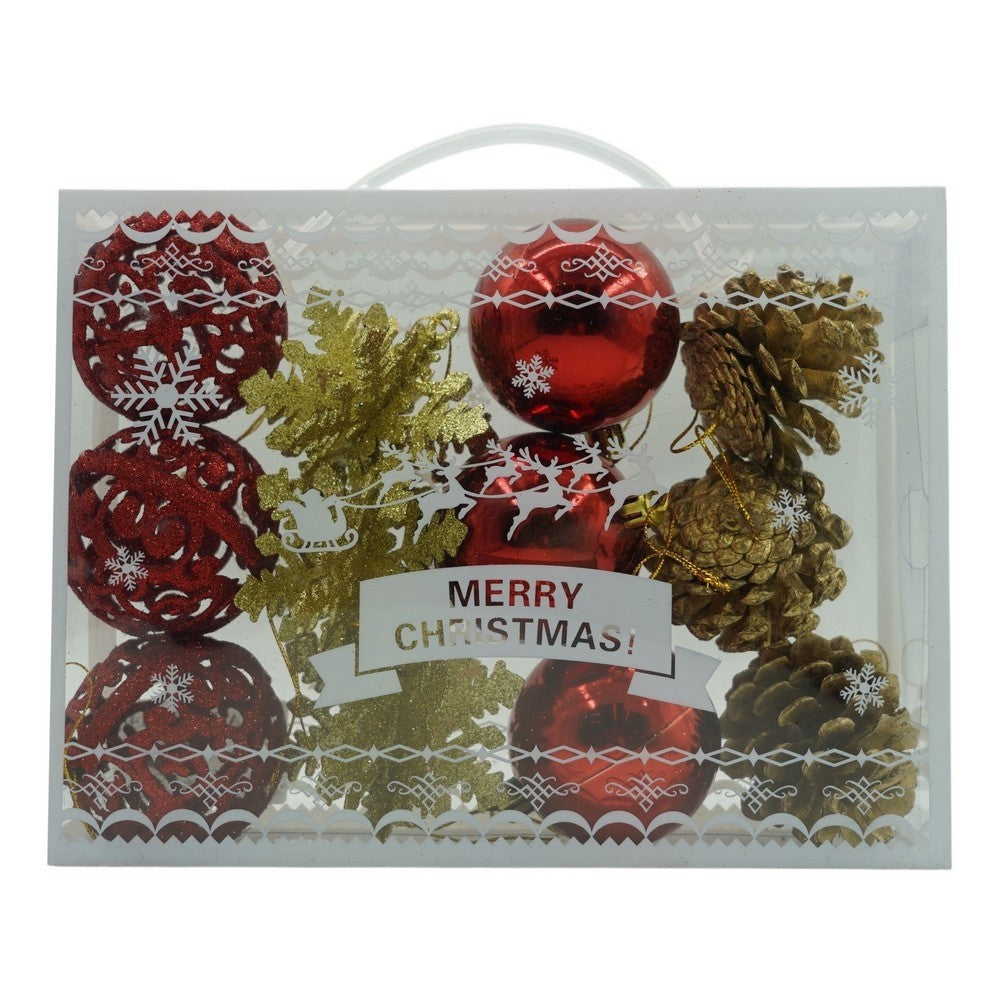 Set de 12 Globuri pentru Brad, Ornamente de Craciun cu Sclipici, Material Plastic Rezistent, Mix Rosu si Auriu, Diametru 6 cm, Cutie Cadou 23x18x6 cm