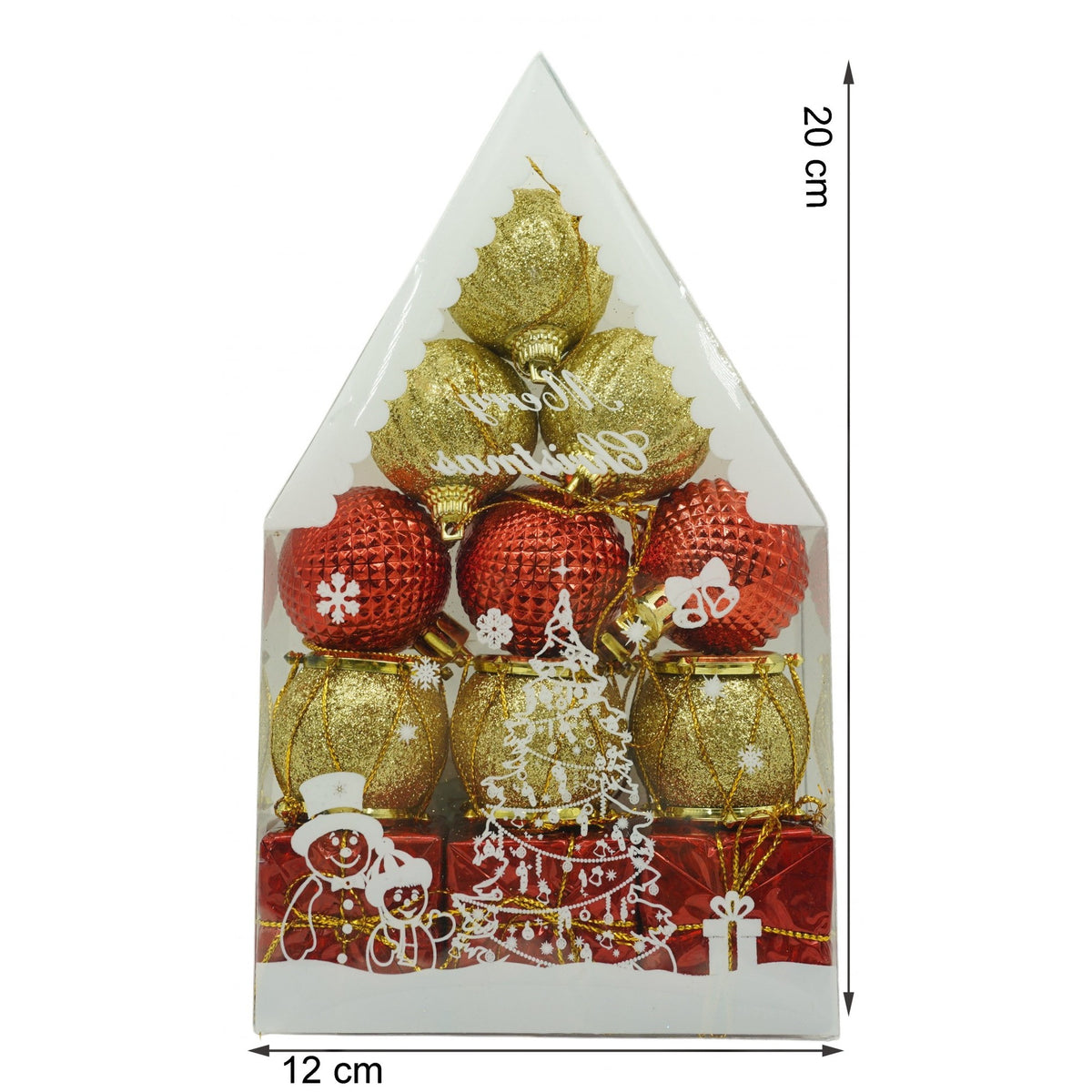 Set 12 Globuri Pentru Brad De Craciun, Ornamente Decorative Din Polistiren, Finisaj Cu Sclipici, Rosu Si Auriu, Cutie 20 x 12 x 4 cm
