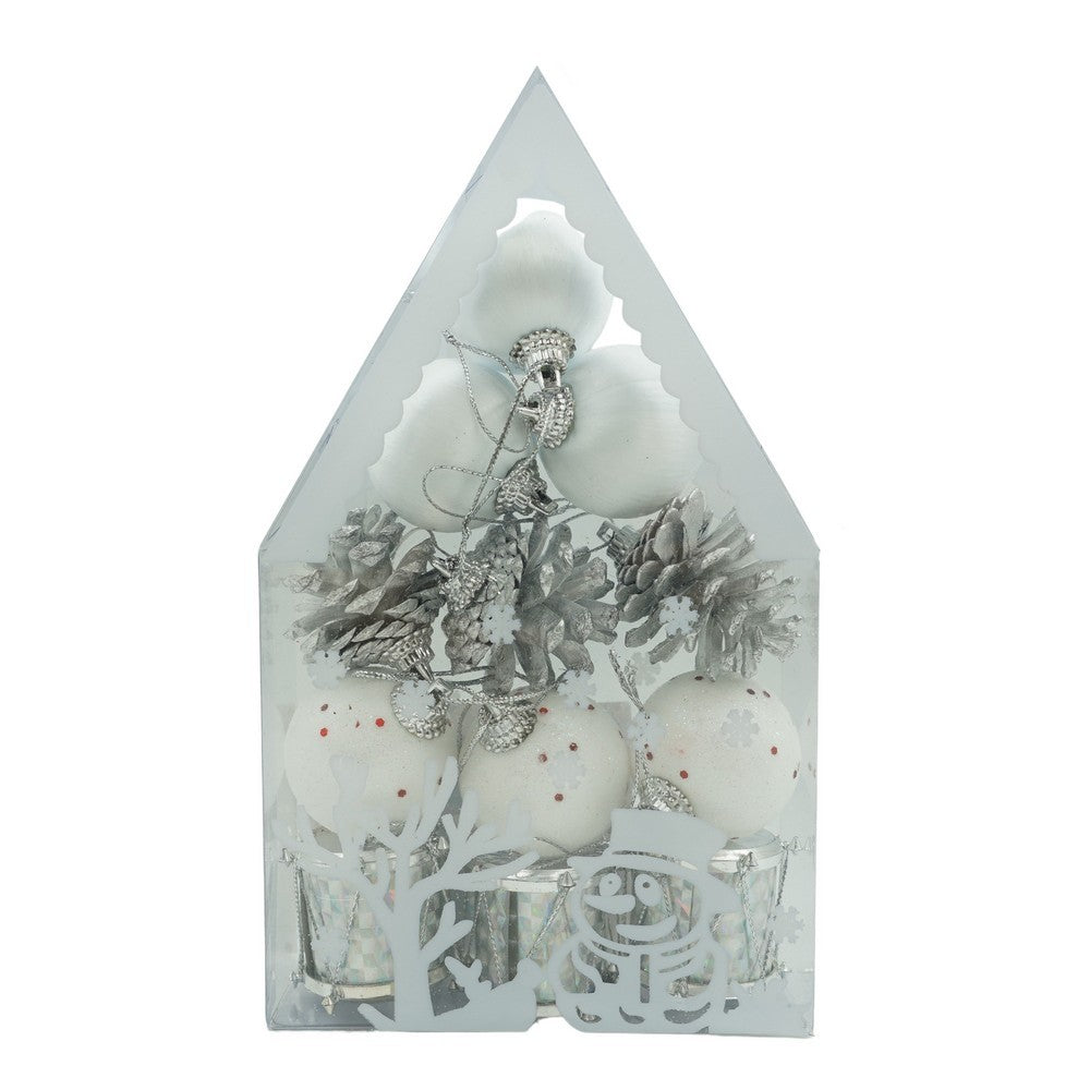 Set 12 Globuri Crăciun, Ornamente Brad cu Finisaj Sclipitor, Polistiren Rezistent, Alb și Argintiu, Cutie Depozitare 20 x 12 x 4 cm