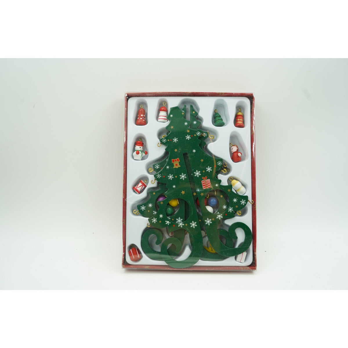 Brad de Craciun Decorativ, Suport cu 6 Cavitati si Ornamente Detasabile, Lemn Natural, 12 cm x 20 cm, Verde