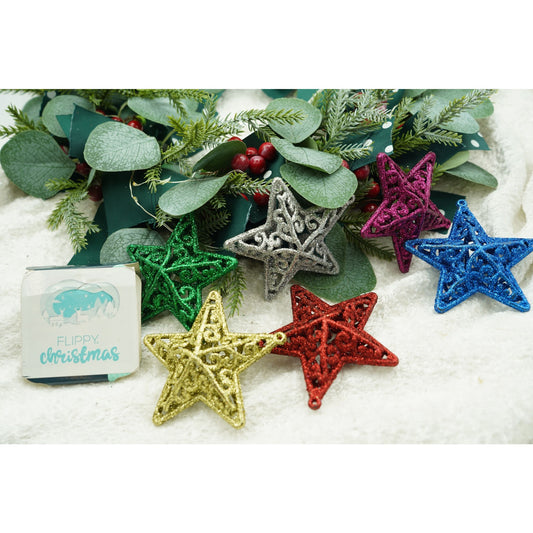 Set 6 Ornamente pentru Brad Crăciun, Formă Stea cu Sclipici, Decorațiuni Suspendabile din Plastic, Multicolor, Cutie 31 x 9 x 3 cm