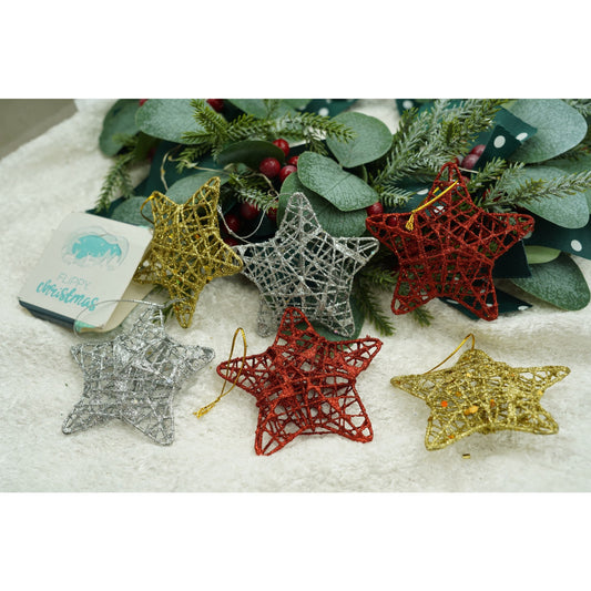 Set 6 Ornamente pentru Brad, Model Stea cu Sclipici, Decoratiuni Craciun din Metal, Cutie Depozitare 27 x 8 x 3 cm, Multicolor