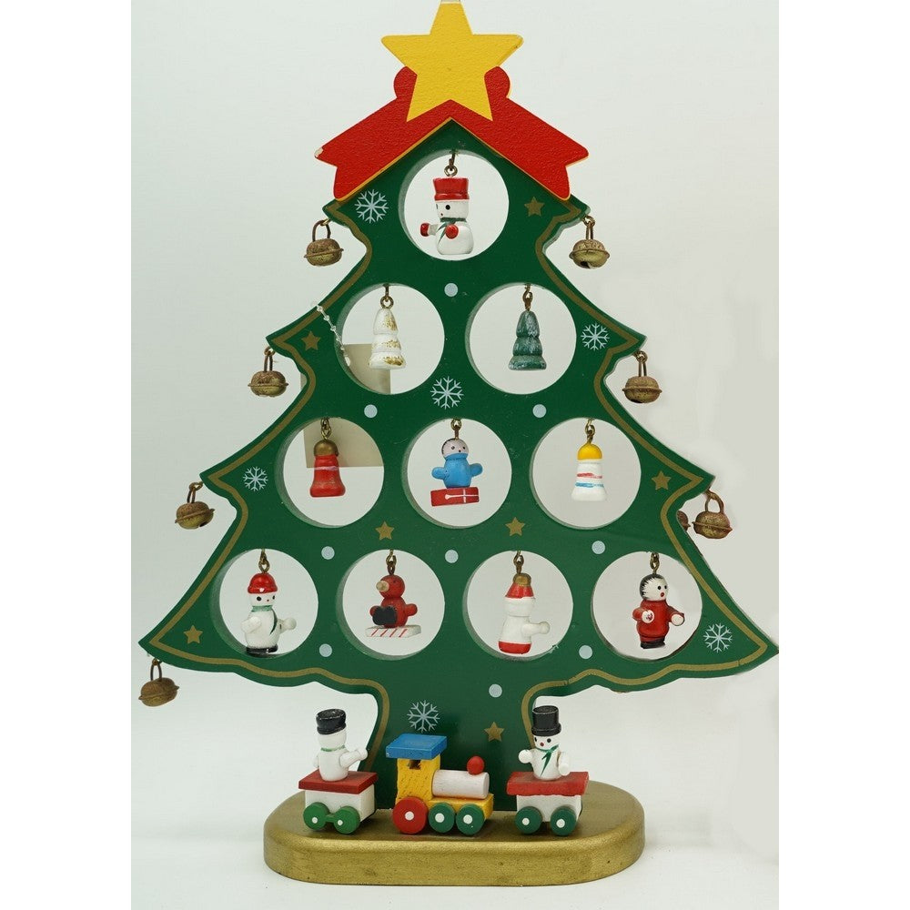 Brad De Crăciun Decorativ Din Lemn, 10 Cavități Cu Ornamente Detașabile, Verde, 20.5 x 28 cm