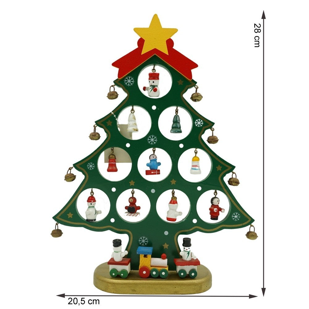 Brad De Crăciun Decorativ Din Lemn, 10 Cavități Cu Ornamente Detașabile, Verde, 20.5 x 28 cm