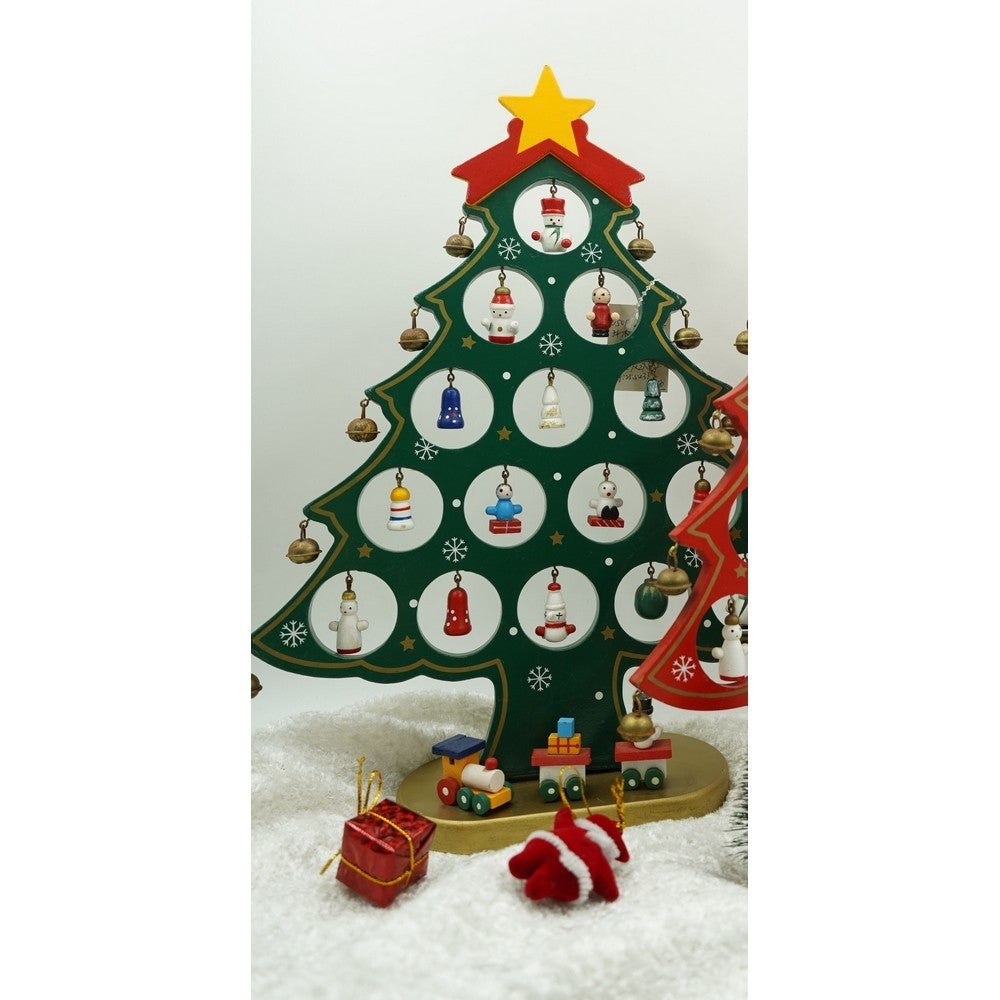 Brad De Crăciun Decorativ Din Lemn, 15 Cavități Cu Ornamente Detașabile, Verde, 25.5 cm x 33 cm
