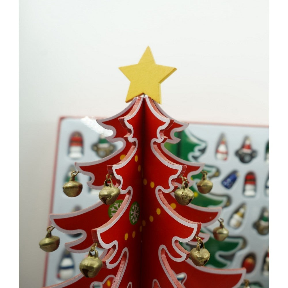 Brad de Craciun Decorativ cu 15 Ornamente Detasabile, Decoratiune de Masa din Lemn, Model Festiv cu Cavitati, Rosu si Alb, 25.5 x 33 cm