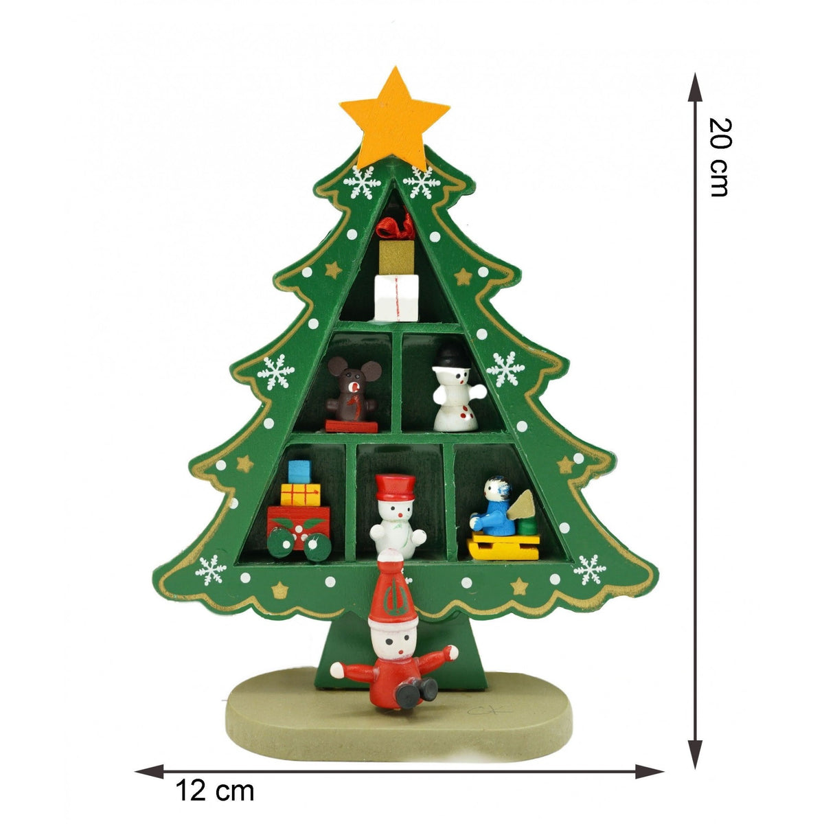 Brăduț Decorativ de Crăciun, Ornament Masă cu 3 Rânduri, Lemn Pictat, Verde, 12 x 18 cm