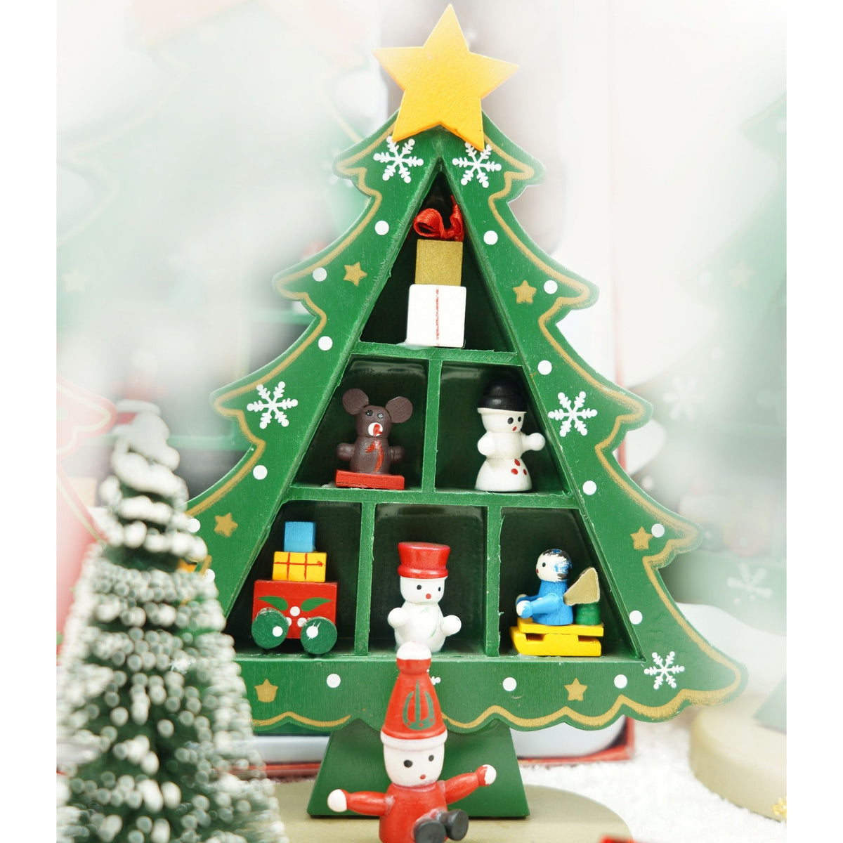 Brăduț Decorativ de Crăciun, Ornament Masă cu 3 Rânduri, Lemn Pictat, Verde, 12 x 18 cm