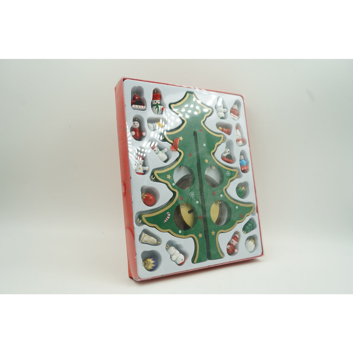 Decoratiune Craciun de Masa, Brad Festiv cu 8 Cavitati si Ornamente, Lemn Pictat, Verde, 18.5 cm x 25 cm