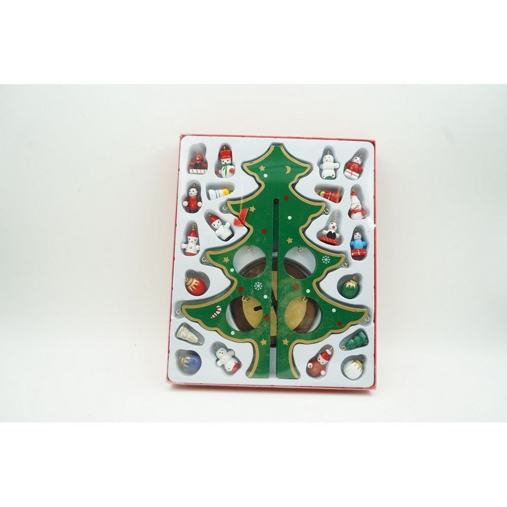 Decoratiune Craciun de Masa, Brad Festiv cu 8 Cavitati si Ornamente, Lemn Pictat, Verde, 18.5 cm x 25 cm