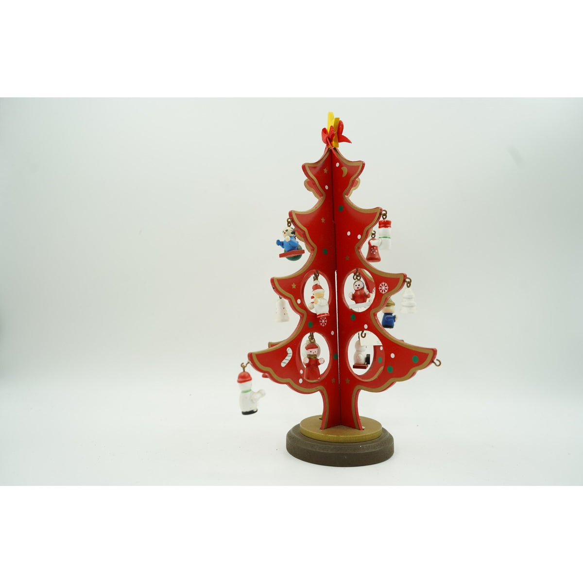 Brad de Craciun Decorativ, 8 Cavitati cu Ornamente Detasabile, Lemn, Rosu, 18.5 x 25 cm