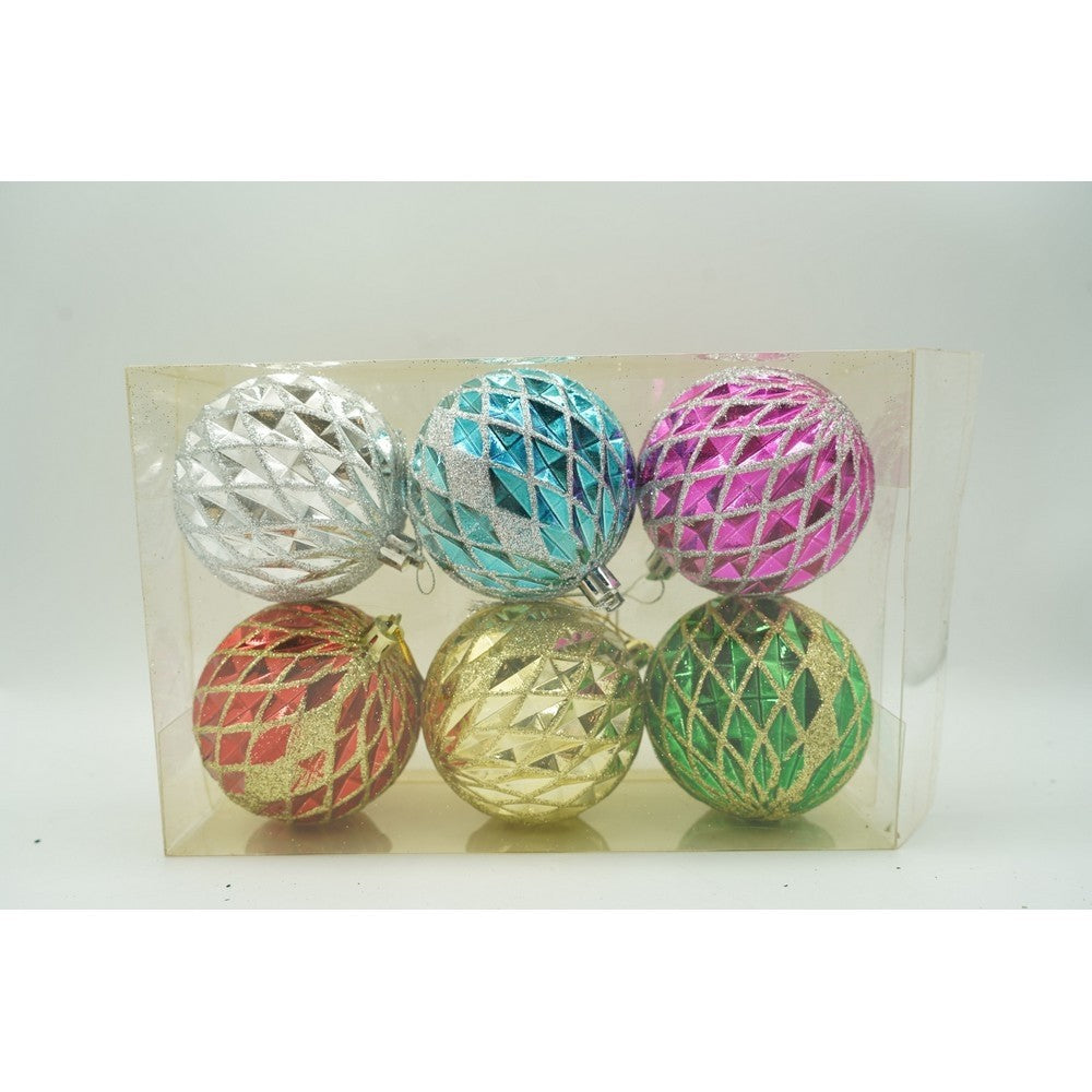 Set 6 Globuri de Craciun, Ornamente Brad cu Sclipici, Plastic Rezistent, Diametru 8 cm, Multicolor