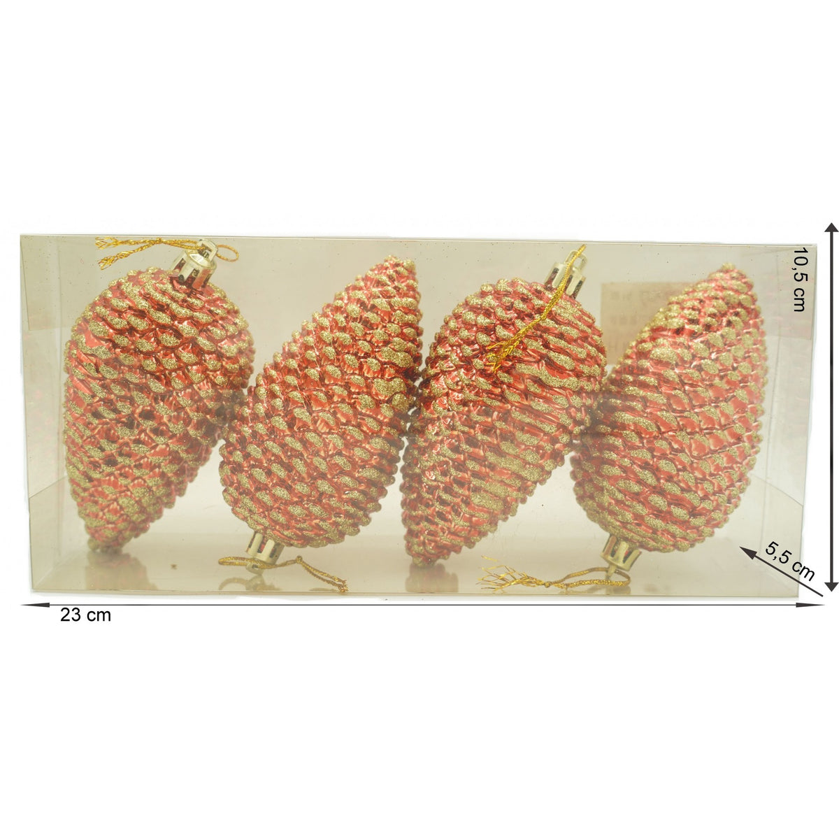 Set 4 Ornamente pentru Brad, Conuri de Crăciun cu Finisaj Sclipitor, Plastic, Roșu, Diametru 5.5 cm