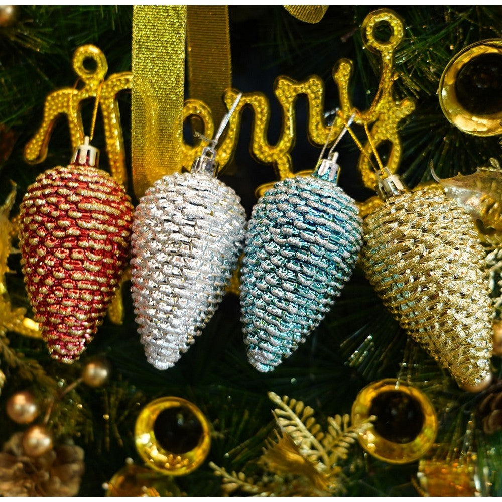 Set 6 Ornamente pentru Brad, Model Conuri, Finisaj Sclipitor, Plastic, Multicolor, 4.5 cm