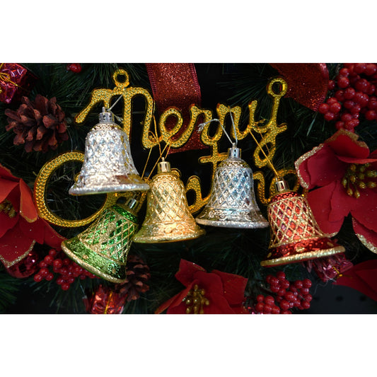 Set 6 Ornamente de Brad Tip Clopoțel, Decorațiuni Crăciun cu Sclipici, Plastic, Multicolor, Diametru 5.5 cm