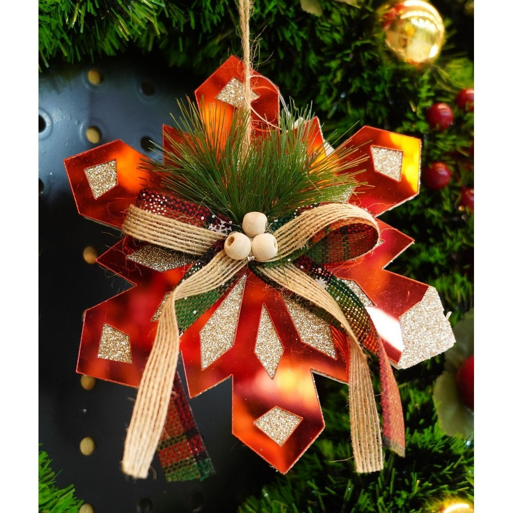 Ornament Brad Crăciun, Fulg de Nea Mare, Finisaj Lucios, Acril Rezistent, Interior și Exterior, Roșu, 15x15 cm