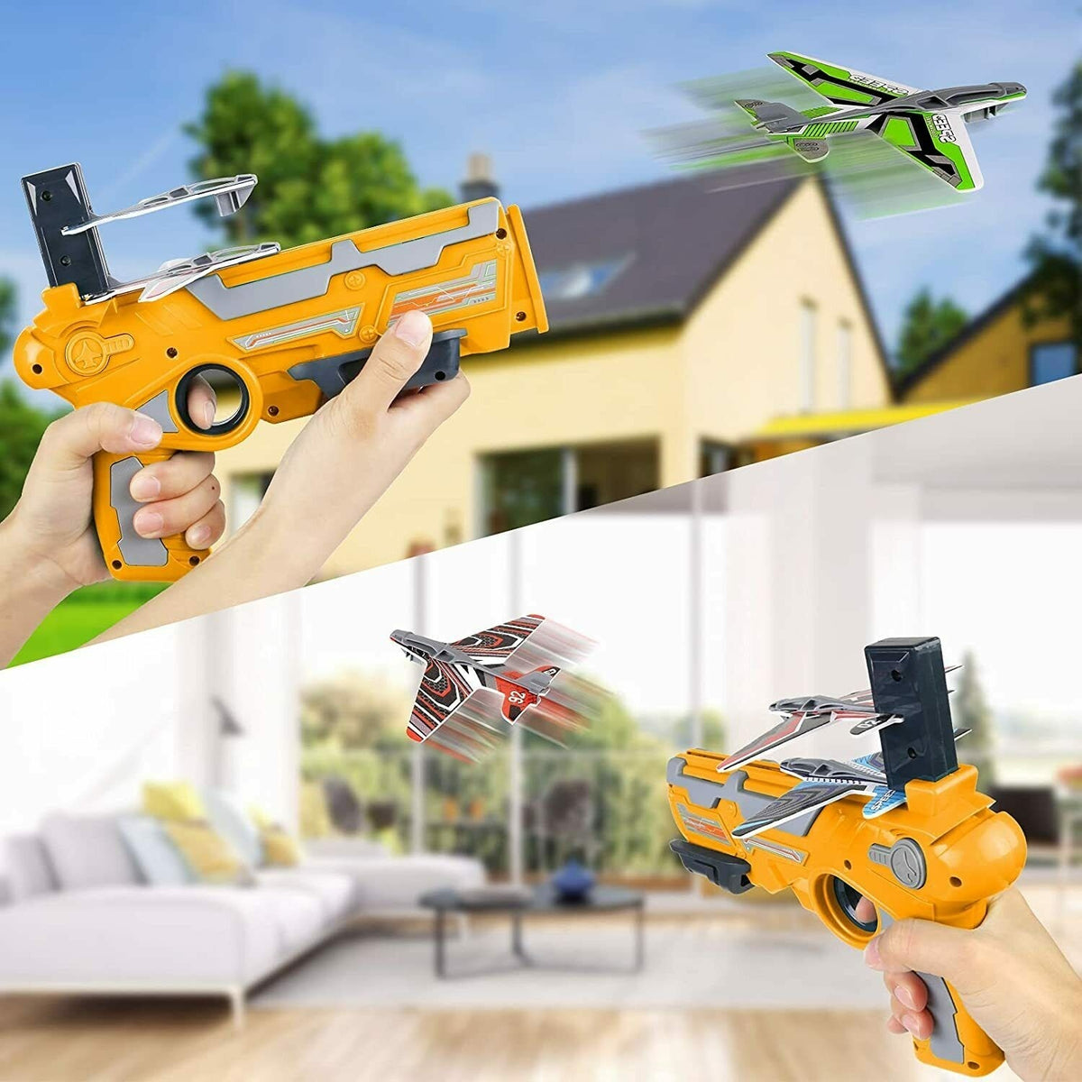 Lansator de Avioane Air Battle, Pistol cu Proiectile Mobile din Polistiren, Jucarie Interactiva pentru Exterior, Portocaliu, Set 4 Avioane Incluse