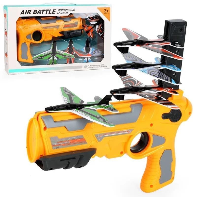 Lansator de Avioane Air Battle, Pistol cu Proiectile Mobile din Polistiren, Jucarie Interactiva pentru Exterior, Portocaliu, Set 4 Avioane Incluse