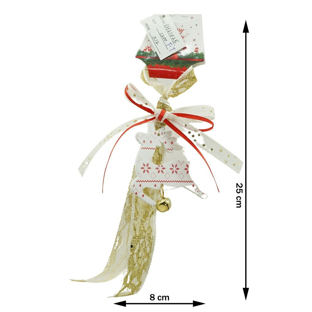 Ornament Brad Craciun Model Ren cu Clopotel, Decoratiune de Craciun Traditionala, Lemn si Textil, Alb, 25 cm