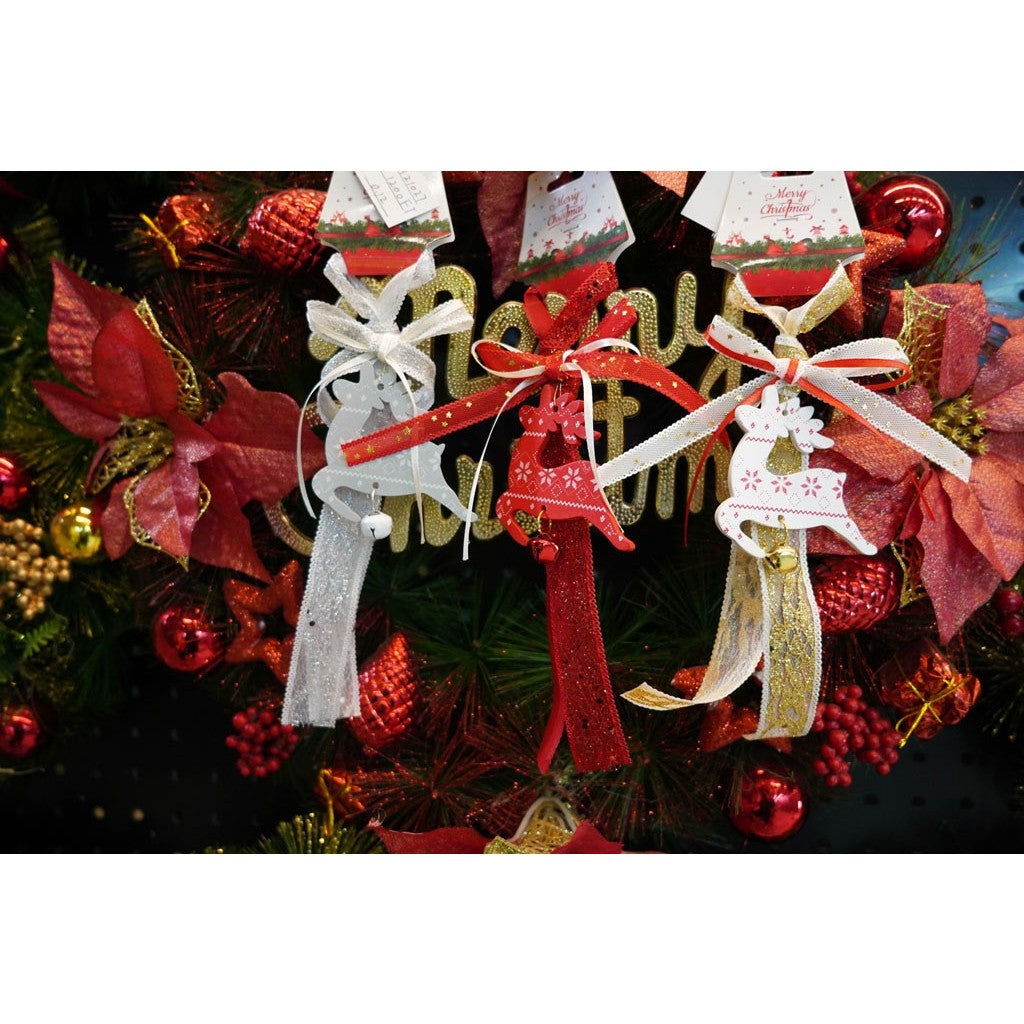 Ornament Brad Craciun Model Ren cu Clopotel, Decoratiune de Craciun Traditionala, Lemn si Textil, Alb, 25 cm