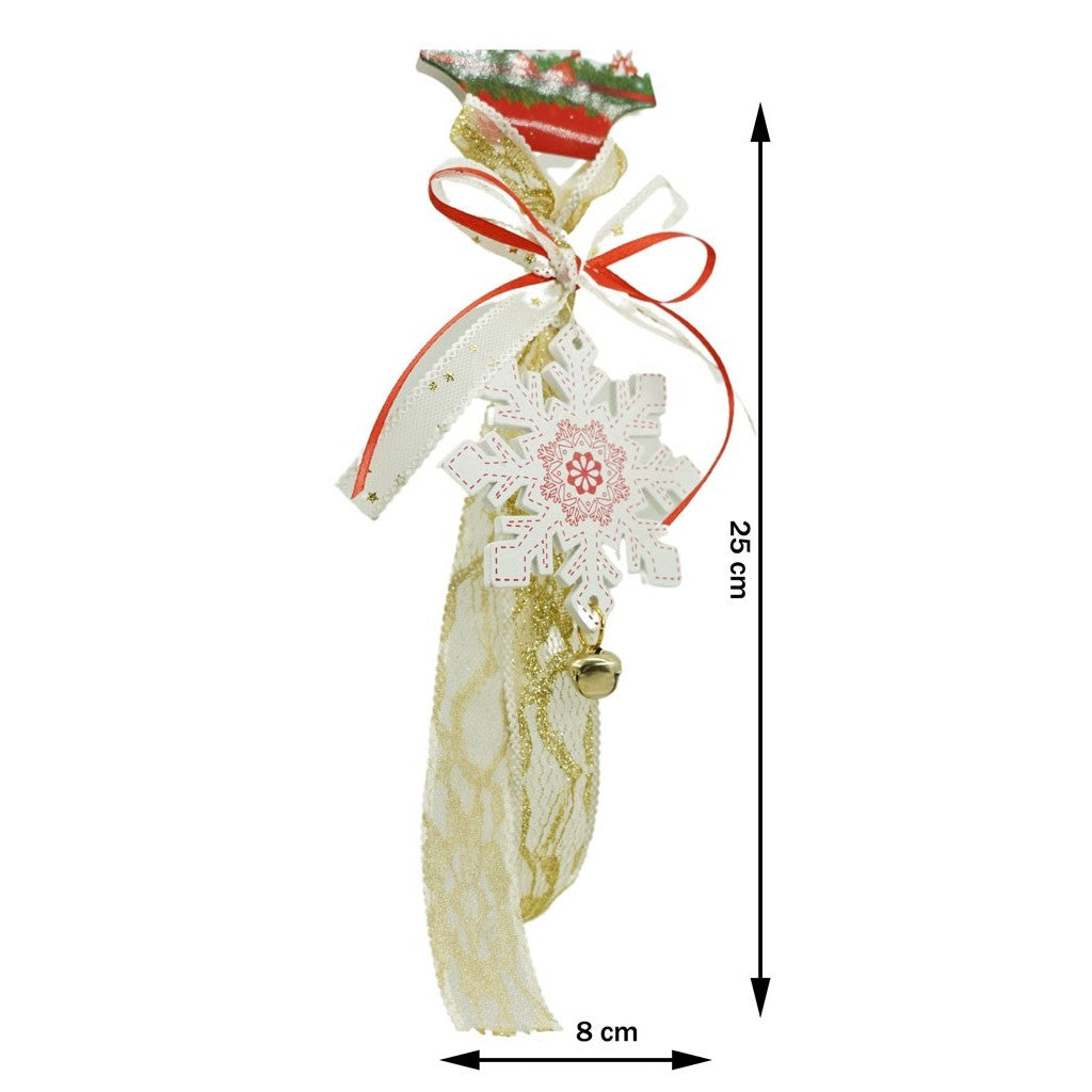 Decoratiune Brad Fulg de Nea, Ornament Craciun cu Funda Textila si Clopotel, Lemn, Alb, 8 cm (25 cm cu Agatatoare)