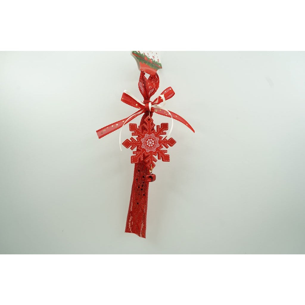 Decoratiune Craciun Fulg De Nea, Ornament Brad Cu Clopotel Si Funda Textila, Lemn, 25 cm, Rosu