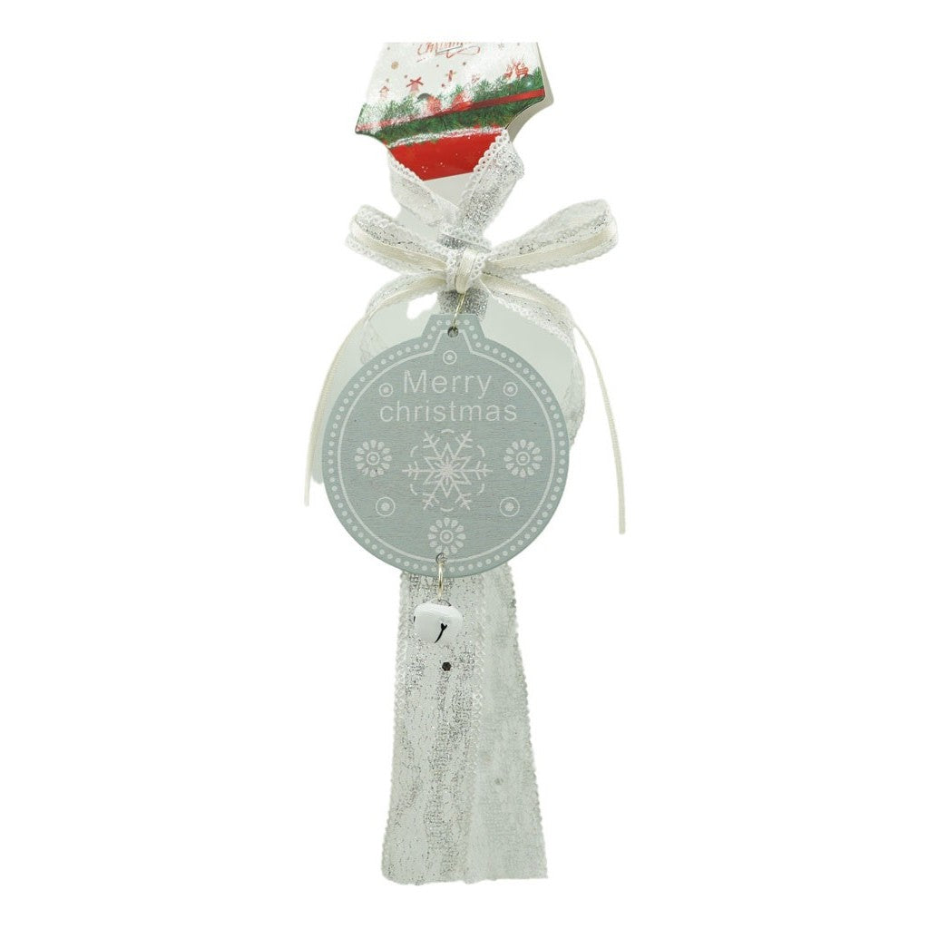 Ornament De Brad Medalion, Decoratiune Craciun Cu Clopotel Si Funda Textila, Lemn, 25 cm, Gri