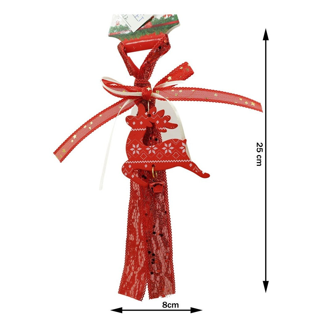 Ornament Brad Craciun sub Forma de Ren, Decoratiune Festiva cu Clopotel, Lemn si Textil, Rosu, 25 cm