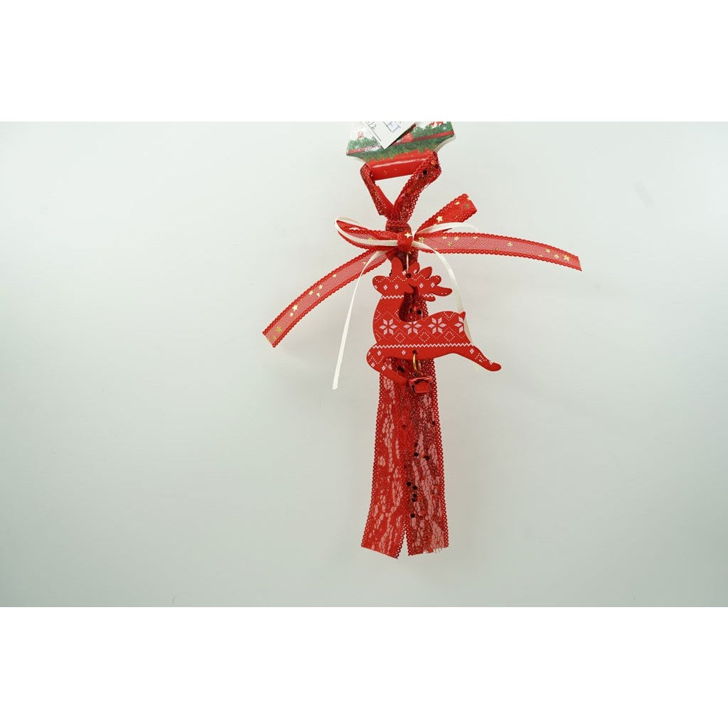 Ornament Brad Craciun sub Forma de Ren, Decoratiune Festiva cu Clopotel, Lemn si Textil, Rosu, 25 cm
