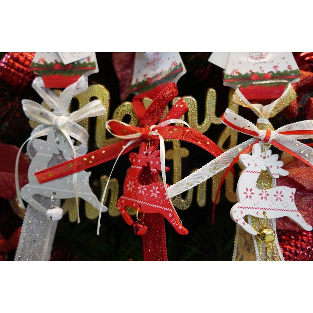 Ornament Craciun Ren cu Clopotel, Decoratiune Suspendabila pentru Brad, Lemn si Textil, 25 cm, Gri si Alb