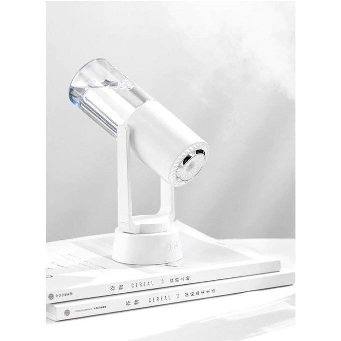 Umidificator si Purificator Aer Ultrasonic Portabil, Functie Ioni Negativi si Difuzor Aromaterapie, Rotatie 360 Grade, Lumina LED 7 Culori, USB, Acumulator 800 mAh, Rezervor 200 ml, Alb