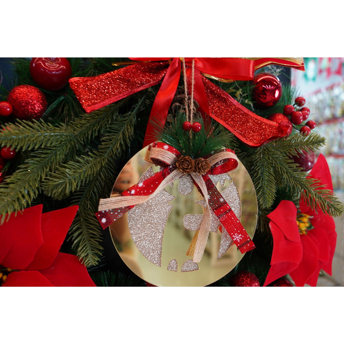 Ornament Brad Crăciun în Formă de Ren, Decorațiune Suspendată Strălucitoare, Acril Rezistent, Interior și Exterior, Auriu, 17 x 17 cm