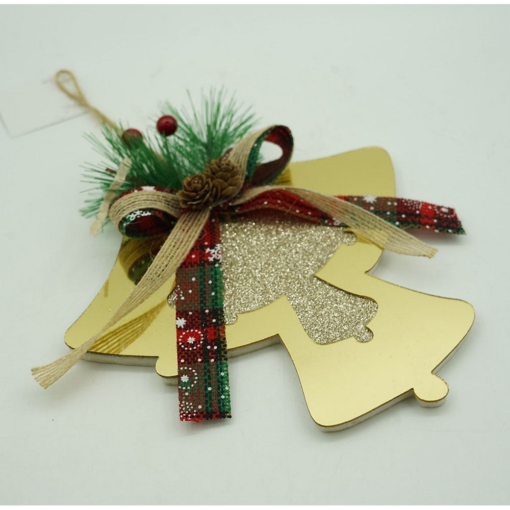 Ornament Brad Crăciun, Clopoței Dubli Cu Fundă, Acril Rezistent, Interior și Exterior, Auriu Lucios, 16 x 17 cm