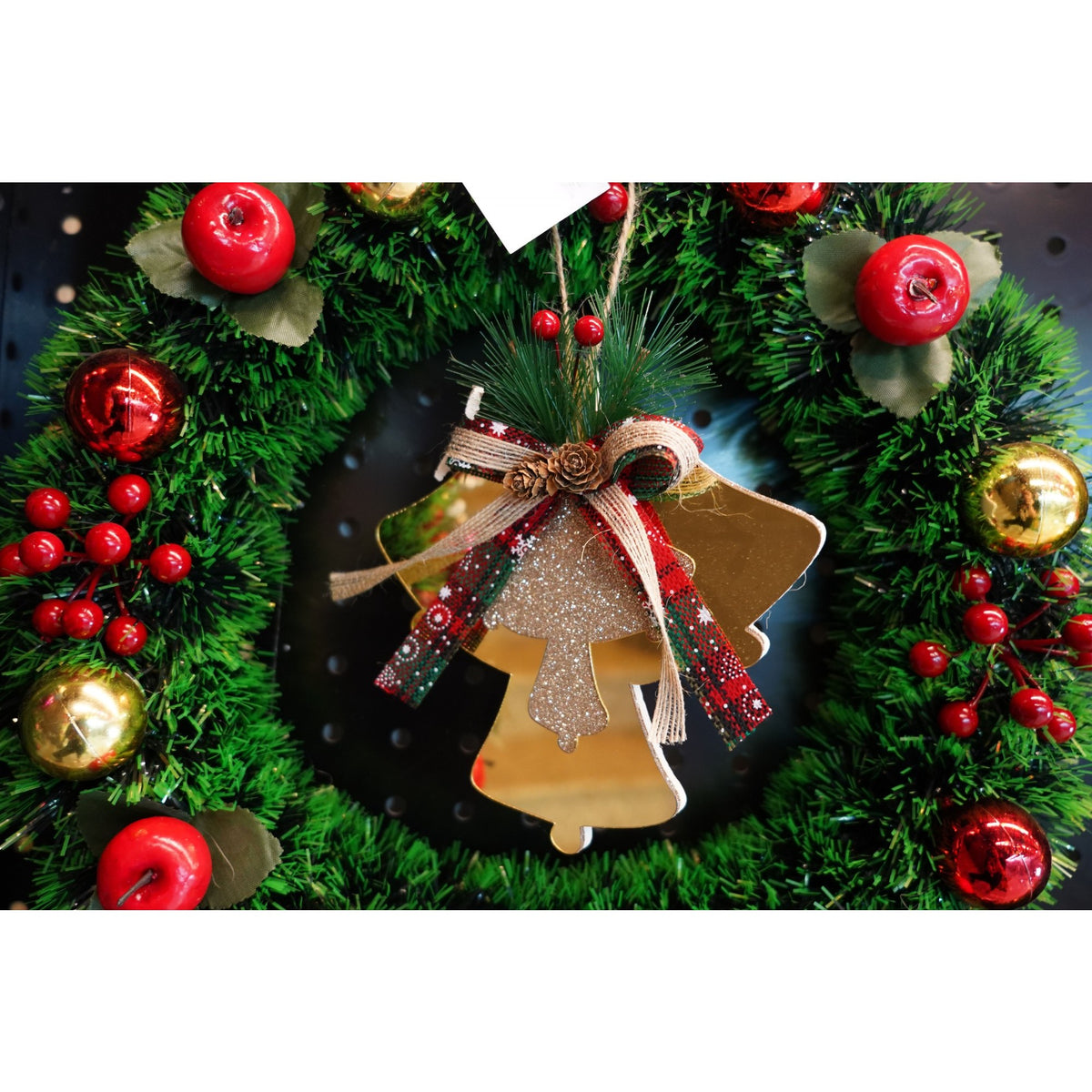 Ornament Brad Crăciun, Clopoței Dubli Cu Fundă, Acril Rezistent, Interior și Exterior, Auriu Lucios, 16 x 17 cm