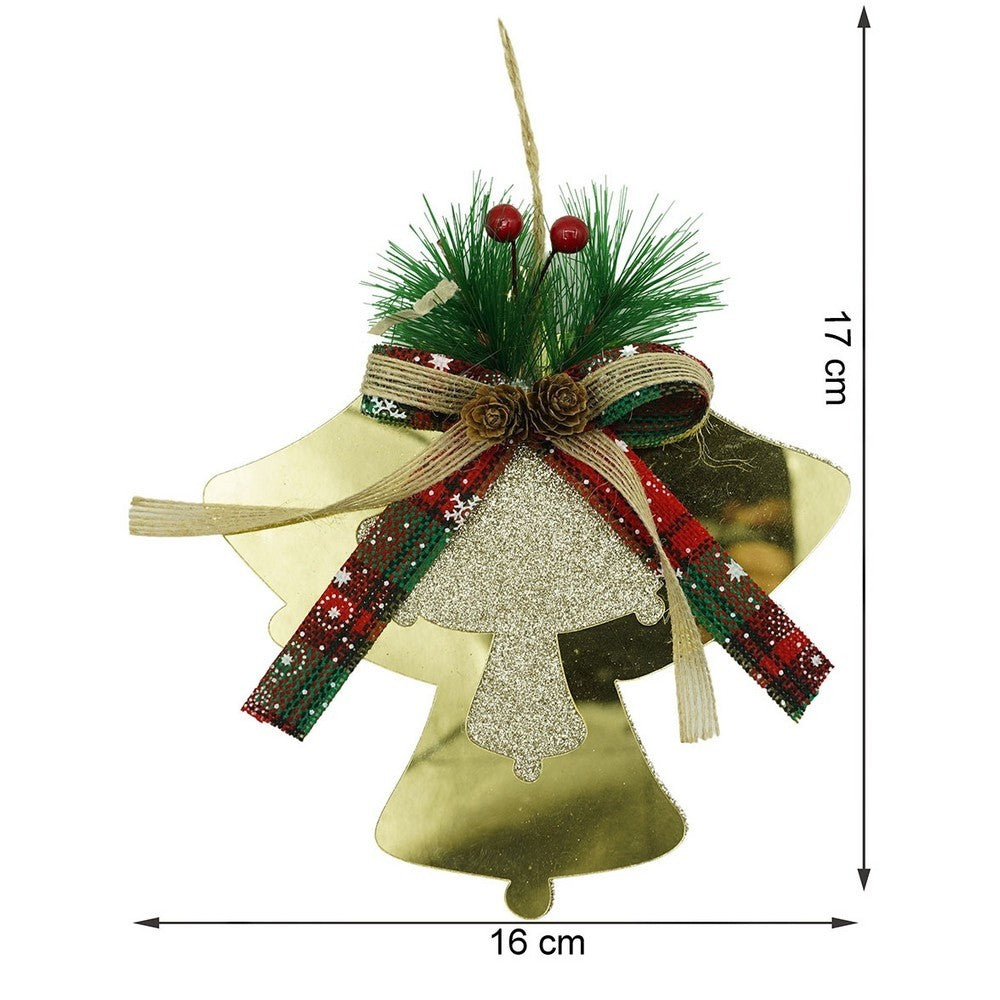 Ornament Brad Crăciun, Clopoței Dubli Cu Fundă, Acril Rezistent, Interior și Exterior, Auriu Lucios, 16 x 17 cm