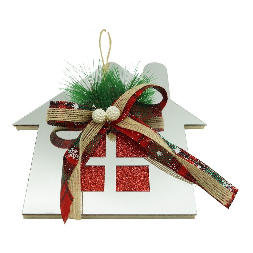 Ornament Brad sub Formă de Casă, Decorațiune de Crăciun Strălucitoare, Acril Rezistent, Interior și Exterior, Argintiu Lucios, 14 x 17 cm
