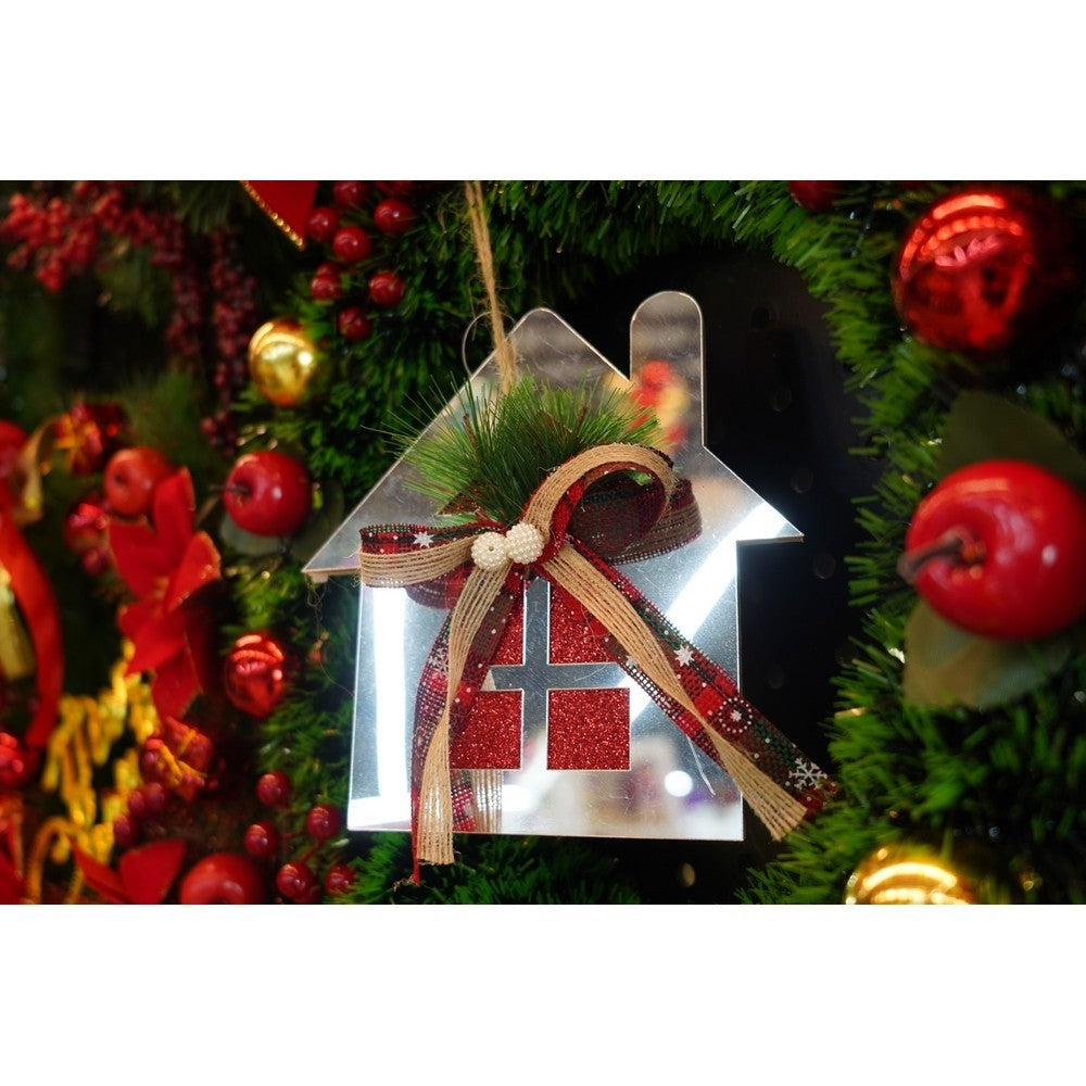 Ornament Brad sub Formă de Casă, Decorațiune de Crăciun Strălucitoare, Acril Rezistent, Interior și Exterior, Argintiu Lucios, 14 x 17 cm