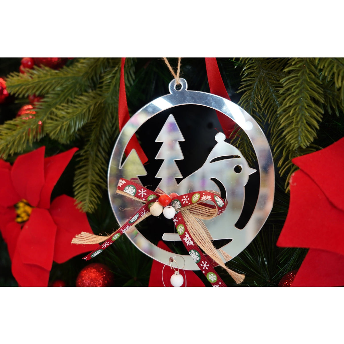 Ornament Brad Crăciun în Formă de Pasăre, Decorativă, Efect Lucios, Acril, Argintiu, 14 x 26 cm