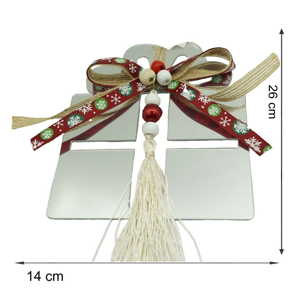 Ornament Crăciun Brad, Formă Cadou, Finisaj Argintiu Lucios, Acril Rezistent, Interior și Exterior, 14 x 26 cm