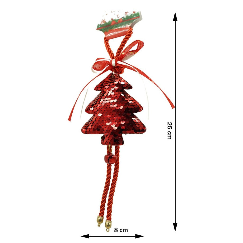 Ornament Brad Craciun sub Forma de Pom, Decoratiune Suspendata cu Paiete si Clopotel, Lemn, Rosu, 18 x 9.5 cm