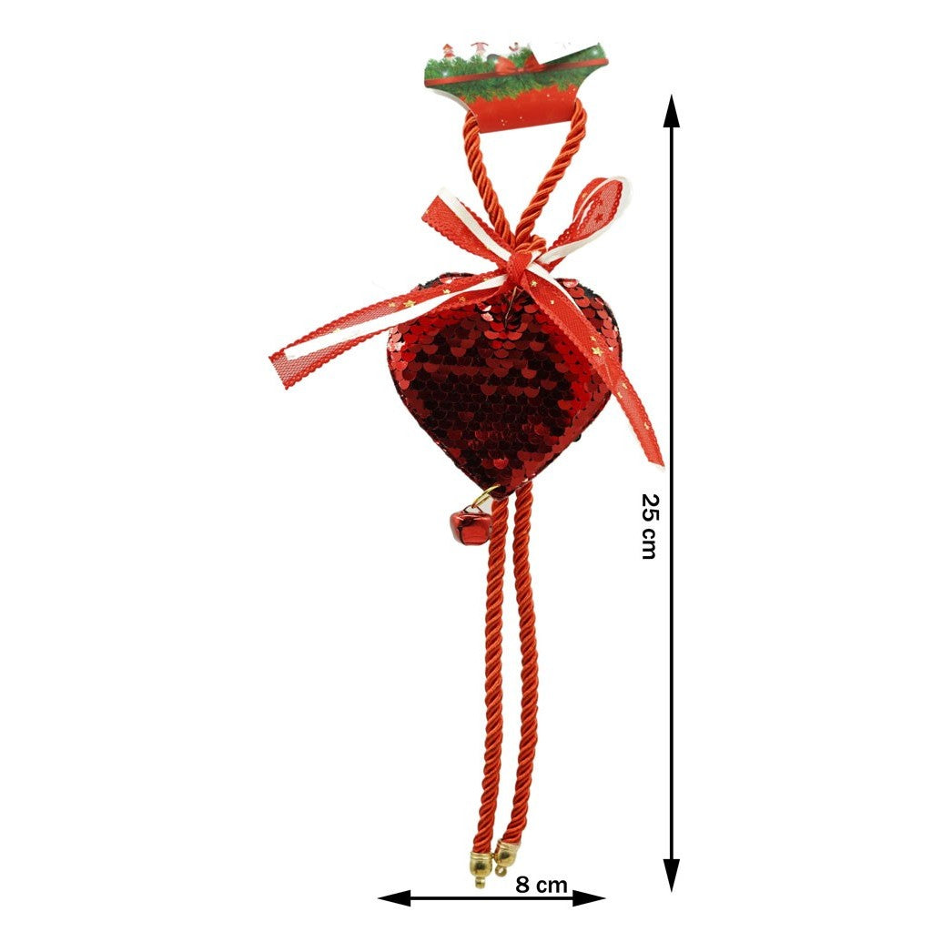 Ornament de Brad Inima cu Paiete, Decoratiune Craciun cu Agatatoare si Clopotel, Lemn, 18 x 9.5 cm, Rosu