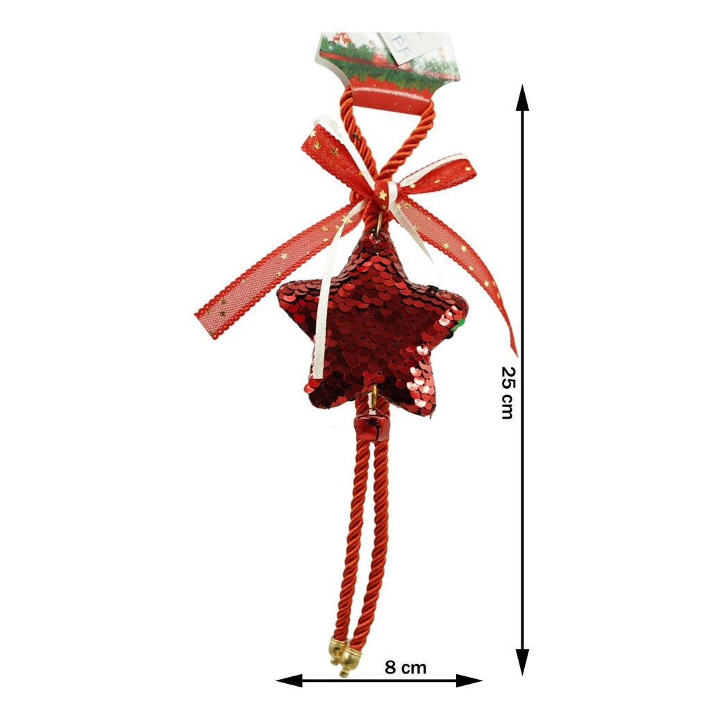 Decoratiune Brad Craciun Stea cu Paiete si Clopotel, Ornament de Agatat, Lemn, Rosu, 18 x 9.5 cm