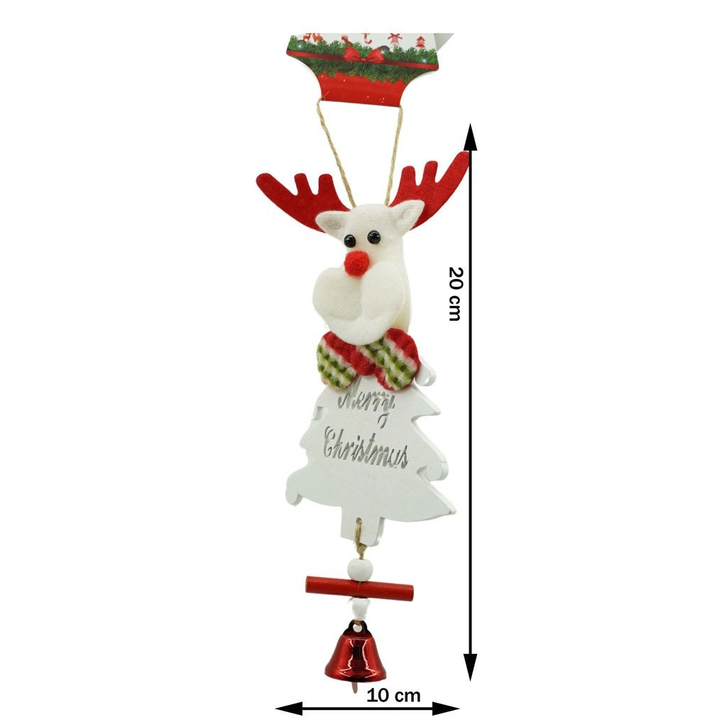 Decoratiune Brad Craciun Om de Zapada cu Clopotel si Paiete, Ornament Suspendabil, Lemn, Alb, 20 x 8 cm