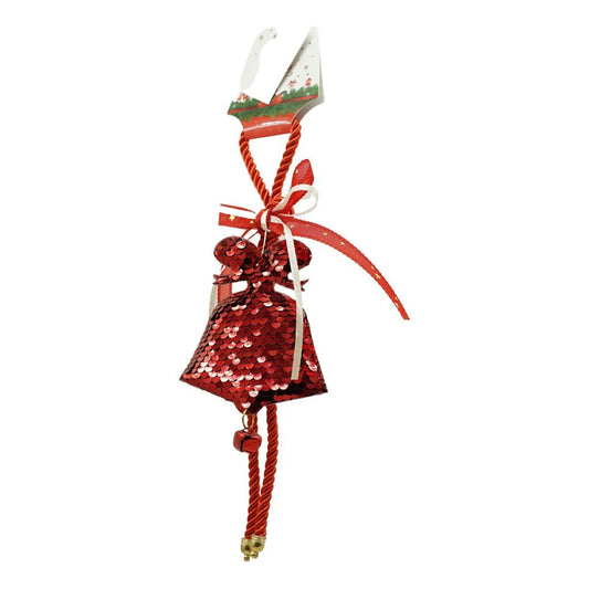 Decoratiune Craciun Stea cu Clopotel si Paiete, Ornament Suspendabil pentru Brad, Lemn, Rosu si Multicolor, 18 x 9.5 cm