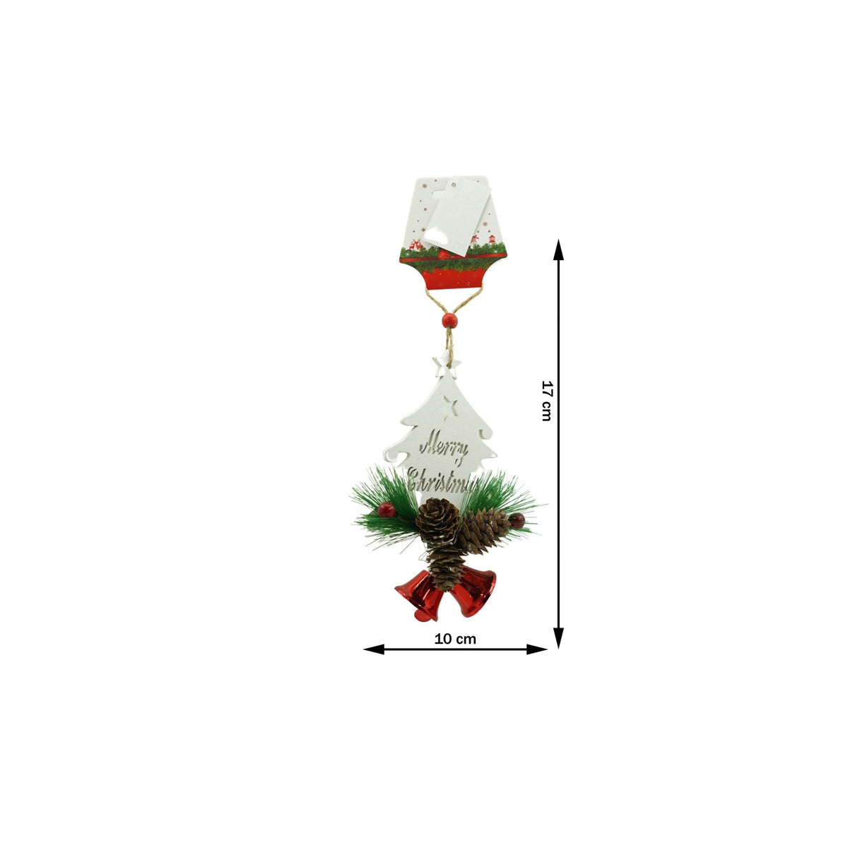 Ornament Brad Craciun, Decoratiune Suspendata cu Clopotel si Paiete, Lemn, Rosu, 36 x 9.5 cm
