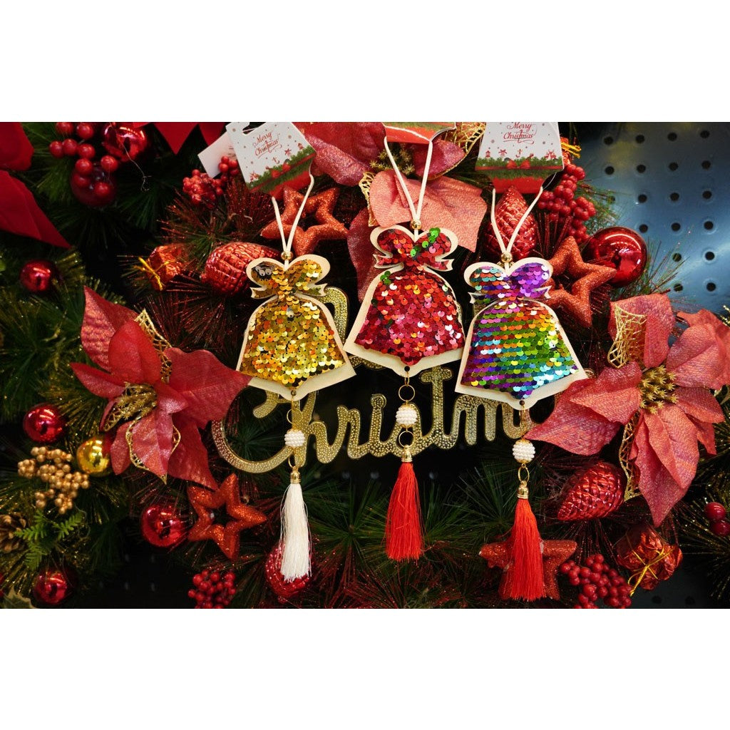 Ornament Brad Clopotel Cu Paiete, Decoratiune De Craciun Pentru Agatat, Lemn, Model 2, Auriu Si Rosu, 36 cm