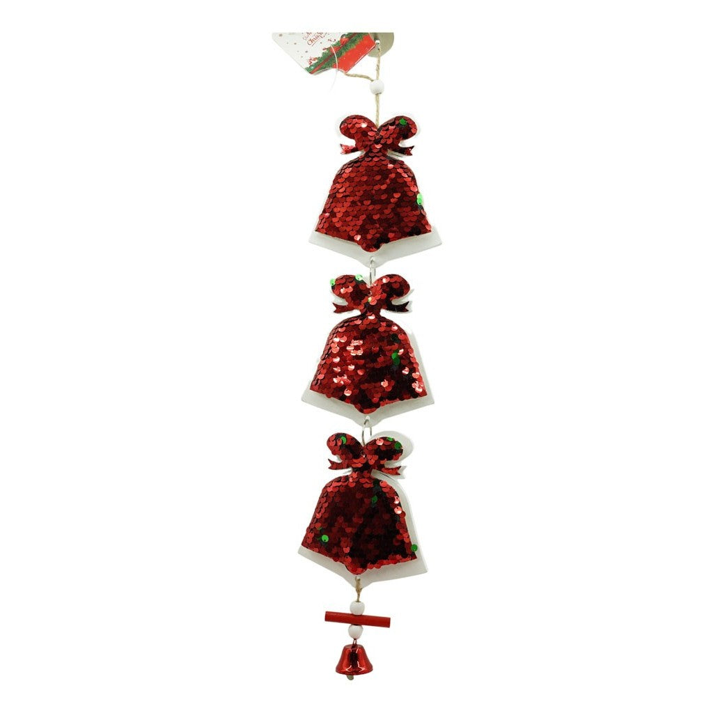 Ornament de Brad Clopotei cu Paiete, Decoratiune de Craciun Suspendata, Lemn si Metal, Rosu si Alb, 36 cm