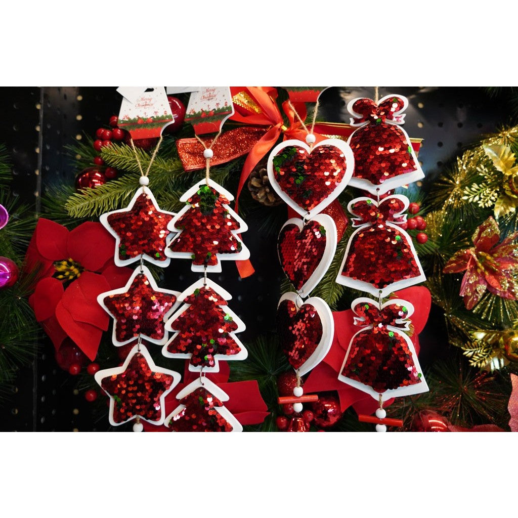 Ornament Craciun Trei Brazi cu Paiete, Decoratiune Suspendata cu Clopotel, Lemn, 36 x 9.5 cm, Alb si Rosu