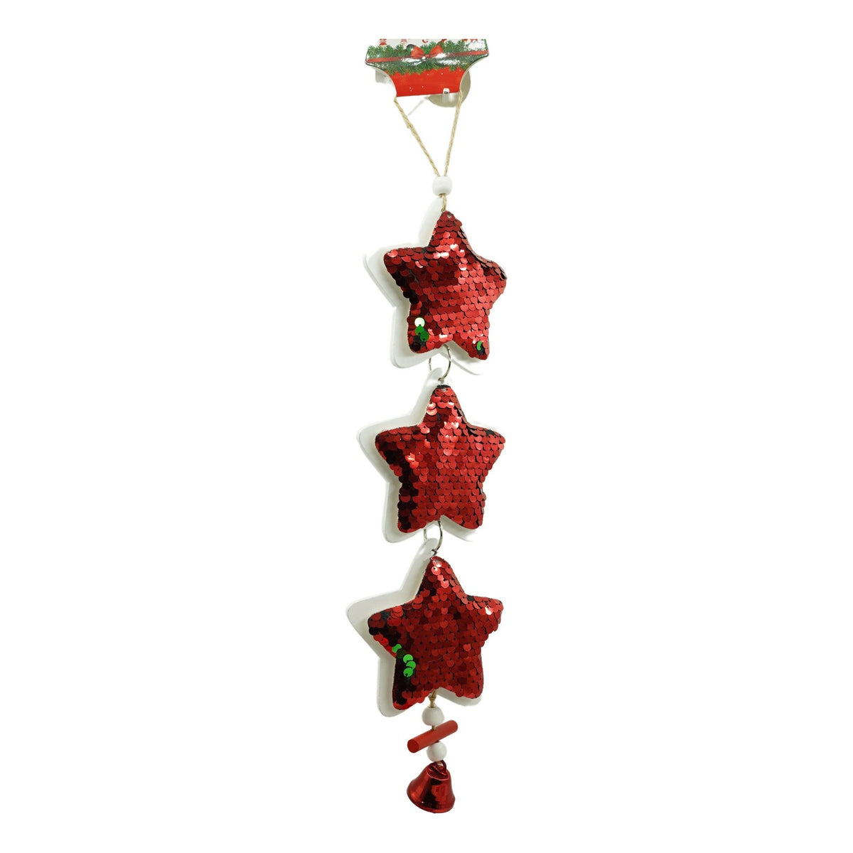 Ornament De Craciun Tip 3 Stele Cu Paiete Si Clopotel, Decoratiune De Agatat Pentru Brad, Lemn, 36 x 9.5 cm, Rosu Si Alb