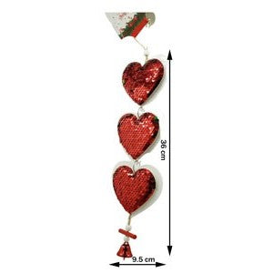 Decoratiune De Craciun In Forma De Brad, Ornament Suspendabil Cu Trei Inimi Si Paiete, Lemn Cu Clopotel, 36 x 9.5 cm, Rosu Si Alb
